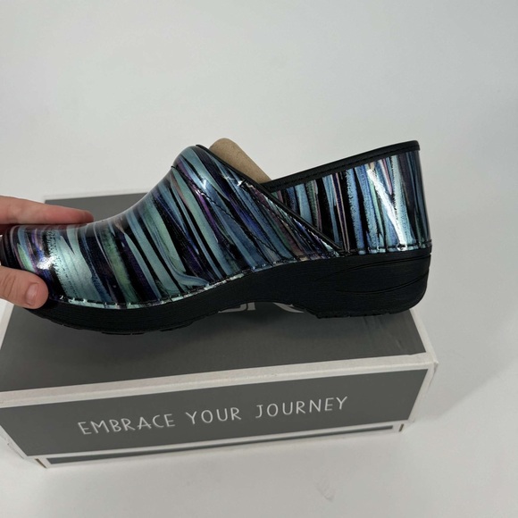 NIB Dansko Teal Striped patent leather slip on clogs multi sizes - Picture 3 of 6